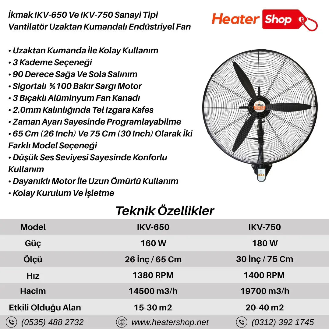 İkmak IKV-750 Sanayi Tipi Vantilatör Uzaktan Kumandalı Endüstriyel Fan 75 Cm (30 Inch) Heater Shop