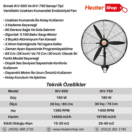 İkmak IKV-750 Sanayi Tipi Vantilatör Uzaktan Kumandalı Endüstriyel Fan 75 Cm (30 Inch) Heater Shop
